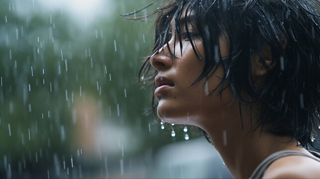woman in rainy weather with rain, raindrops, humble or sad, angry or highly emotional, young adult woman, caucasian, 20s, fictional reason, close-up. Generative AI