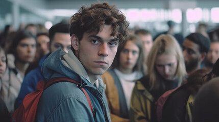Naklejka premium bad mood, crowd, dense crowd or queue, fictional place and happening, young adult people. Generative AI