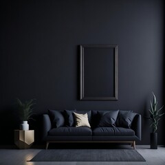 Matt Black Frame Living Room Mockup with Sofa, Coffee Table, and Potted Plant