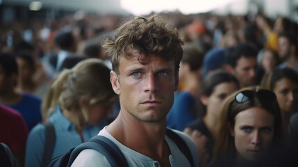 Fototapeta premium travelling, endless queues, fictional place, annoyed and stressed out in the crowd, mass tourism. Generative AI