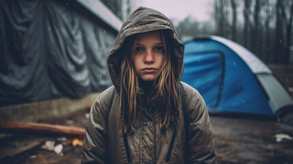 young girl kid homeless and in poverty in a tent city, alone and discouraged and sad in a gloomy, desolate environment with many other people, crowds and problems