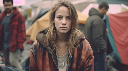 Obraz premium young teenager teen girl homeless and in poverty in a tent city, alone and discouraged and sad in a gloomy, desolate environment with many other people, crowds and problems. Generative AI