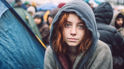 young teenager teen girl homeless and in poverty in a tent city, alone and discouraged and sad in a gloomy, desolate environment with many other people, crowds and problems. Generative AI - obrazy, fototapety, plakaty