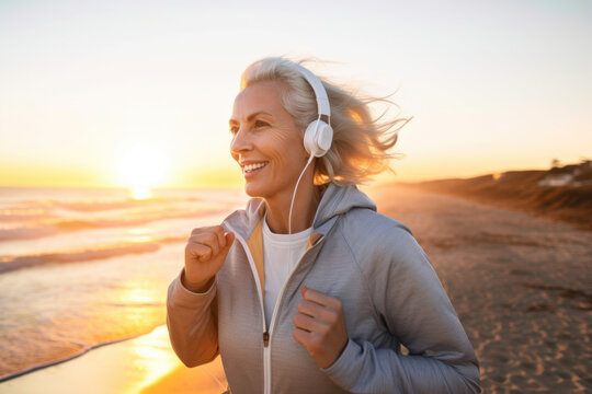 Happy senior woman listening music while jogging on sea shore, generative ai