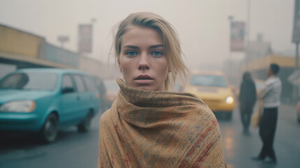 Fototapeta premium young adult woman tourist with a desperate or annoyed expression on her face, in a crowded street or city, poverty and/or bad air, visible exhaust fumes misty air. Generative AI