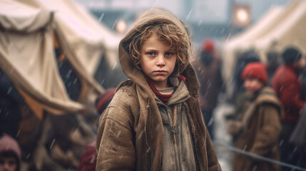 child poverty or homeless and in poverty in a tent city, alone and discouraged and sad in a gloomy, desolate environment with many other people, crowds and problems. Generative AI