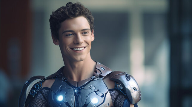 a young attractive man half-robot or a humanoid android with artificial intelligence parts or a technological upgrade as human evolution, mechanical body parts. Generative AI