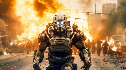 Fototapeta premium scary robot is a weapon in war, soldiers robot, war machine, humanoid android with artificial intelligence. Generative AI