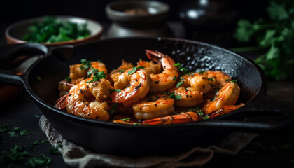 Fototapeta na wymiar Grilled prawn and scampi appetizer, cooked to perfection on cast iron generated by AI