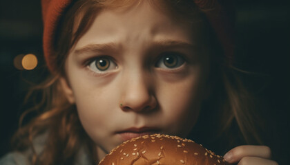 Naklejka premium One cute girl smiling, holding chocolate, enjoying unhealthy snack generated by AI