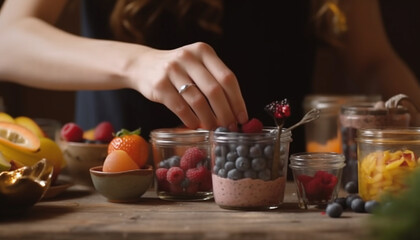 A refreshing gourmet yogurt snack with antioxidant berry variations indoors generated by AI