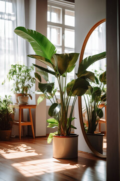 Bird of paradise plant standing in a corner in a room with natural daylight next to mirror, Canva