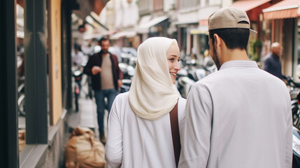 Fototapeta premium a couple on vacation in a touristy side street, man and woman on summer vacation, strolling and strolling through town, locals and street vendors. Generative AI