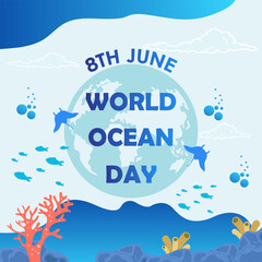 A poster for world ocean day with fish and sharks.