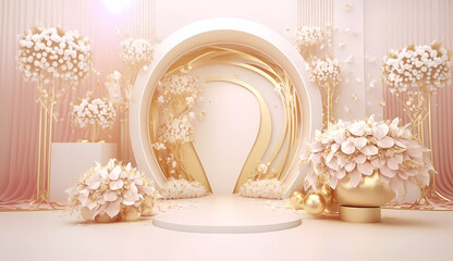 Wedding arch and stage. Many colors. Ceremony. Wedding in pink tone with flowers. Banner. Generative AI