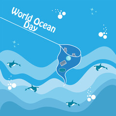 World oceans day. World ocean day. June 8. underwater ocean background. dolphin, shark, coral, sea plants, stingray, turtle. design, poster, banner, template, card. save ocean. vector illustration.