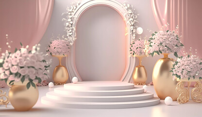 wedding scene. Many colors. Ceremony. Wedding in pink tone with flowers. Banner. Generative AI