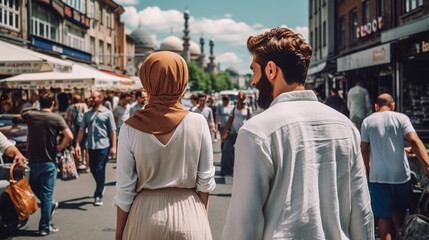 Obraz premium a couple on vacation in a touristy side street, man and woman on summer vacation, strolling and strolling through town, locals and street vendors. Generative AI