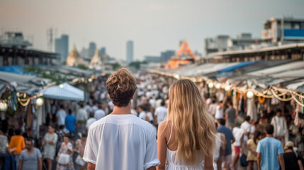 Obraz premium a young adult woman and man on vacation in tourist side street, sightseeing, tourist old town, woman on summer vacation, city trip, caucasian woman. Generative AI. Generative AI