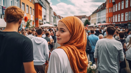 Fototapeta premium a young adult woman on vacation in tourist side street, sightseeing or hotel, tourist old town, woman on summer vacation, city trip, headscarf as sun protection, hijab, caucasian woman. Generative AI