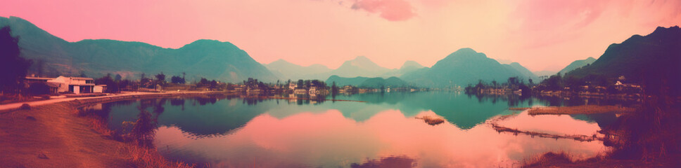 Sunrise over the mountains, A Colorful Sunset Over The Lake With Mountains And Water