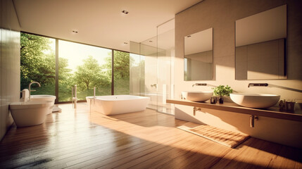 Fototapeta premium spacious large bathroom with sink and bathtub and toilet. Generative AI