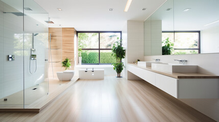 Fototapeta na wymiar spacious large white bathroom with sink and bathtub and toilet. Generative AI