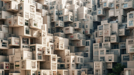 abstract, real estate market or apartment search, micro apartments stacked and next to each other, maximum space saving,. Generative AI