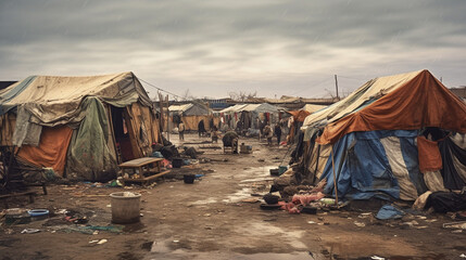 tents in a tent city or refugee camp, sadness and hopelessness with dirt and rainy weather, fictional place. Generative AI
