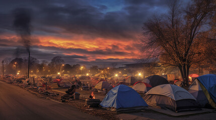 tents in a tent city or refugee camp, sadness and hopelessness with dirt and rainy weather, fictional place. Generative AI