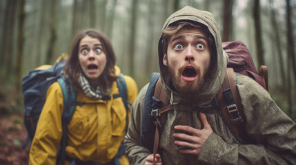 group of survivors jungle adventure survivor with dirty face and dirty shirt slightly torn, in the background trees, snakes. Generative AI
