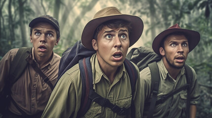 Fototapeta premium group of survivors jungle adventure survivor with dirty face and dirty shirt slightly torn, in the background trees, snakes. Generative AI