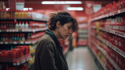 adult mature woman in bad mood, in supermarket