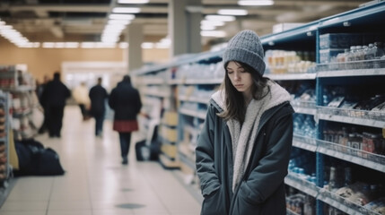 young adult woman in bad mood, in supermarket