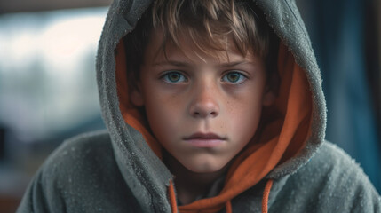 fictional person and environment, a young little underage child with a very sad facial expression and sad look in dark environment