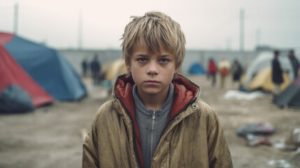 Obraz premium fictional person and environment, a young little underage child with a very sad facial expression and sad look in dark environment