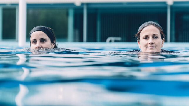 Mature Adult Women Swim Together Together In Swimming Pool, Public Swimming Pool, Swimming Pool With Water, Swimming Cap