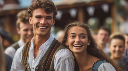 Fototapeta premium people men and women, young adult man and woman girl wears a dirndl at the oktoberfest or city festival or folk festival, joyful smile, anticipation and fun