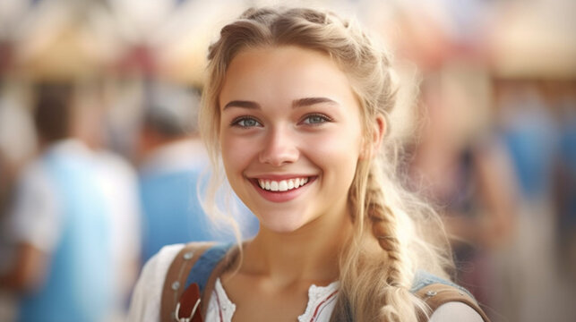 teenager girl wears a dirndl at the oktoberfest or city festival or folk festival, joyful smile, anticipation and fun