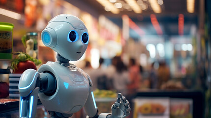 Fototapeta premium a robot work in a kiosk or gas station or go shopping for its owner, household robot or job as a cashier, humanoid android with artificial intelligence