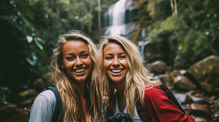 young adult woman standing in front of tropical waterfall after rainy weather, proud and happy after the long journey and away, adventure in nature, tropical vacation, great good mood and experiences