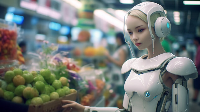 a robot work in a kiosk or gas station or go shopping for its owner, household robot or job as a cashier, humanoid android with artificial intelligence