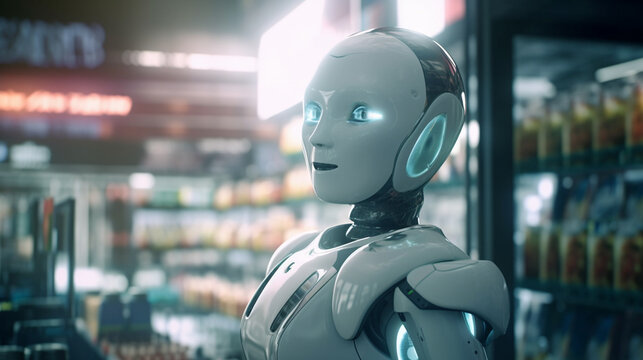 a robot work in a kiosk or gas station or go shopping for its owner, household robot or job as a cashier, humanoid android with artificial intelligence