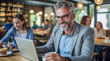 Fototapeta premium mature adult man, businessman with a promising career, at the laptop sitting in a cafe or restaurant, or digital nomad, having fun and enjoying working at the job