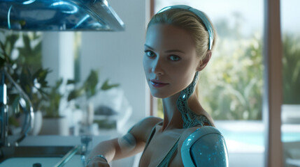 a young attractive woman half-robot or a humanoid android with artificial intelligence parts or a technological upgrade as human evolution, mechanical body parts