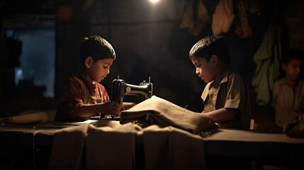 Obraz premium child labor or hobby, fictional happening, child with old vintage sewing machine and fabric or clothing, sewing clothes or being a designer