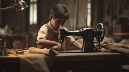 child labor or hobby, fictional happening, child with old vintage sewing machine and fabric or clothing, sewing clothes or being a designer