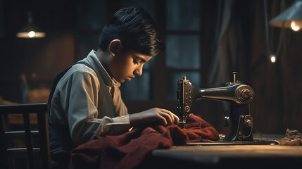 Fototapeta na wymiar child labor or hobby, fictional happening, child with old vintage sewing machine and fabric or clothing, sewing clothes or being a designer
