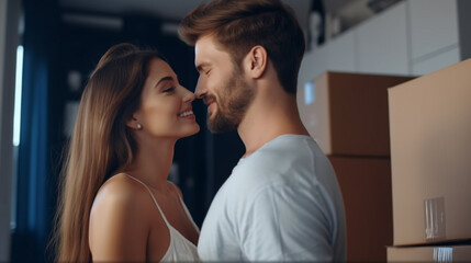 Naklejka premium a couple kisses when moving to a new apartment, moving adventures, moving boxes in the room, new life, new partner or partner themselves