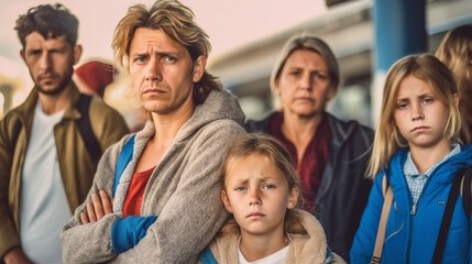 family at the airport, flight canceled or delayed, airport, disappointed start to vacation, flight problems, summer vacation with children, traumatic drama waiting. Generative AI